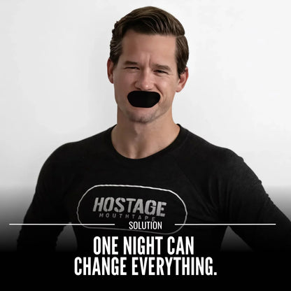 Hostage Tape image showing man wearing mouth tape with slogan one night can change everything