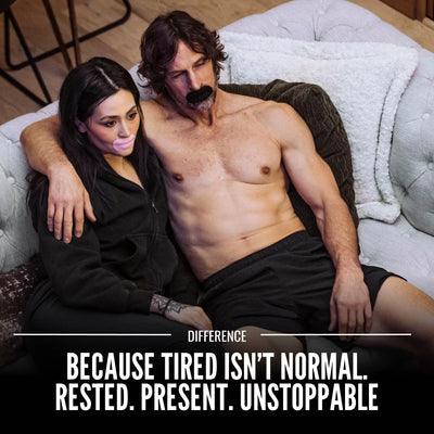Man and woman sitting on a couch with stylized text displayed above them.