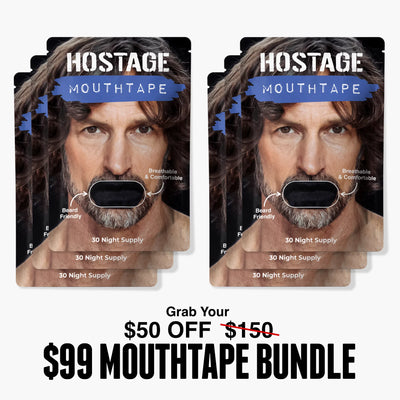 Six packages of 'Hostage Mouthtape' with a promotional offer on a white background.