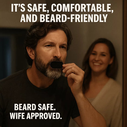 Bearded man applying Hostage Tape in mirror while partner smiles