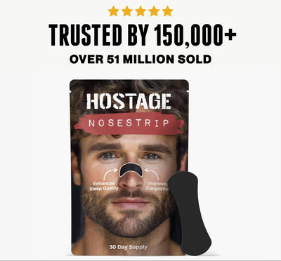 Hostage Nosestrip packaging with a man's face on a white background