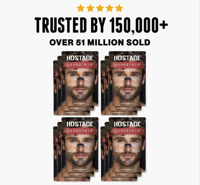 Multiple packages of Hostage Nosestrip with a white background and text indicating trust and sales figures.