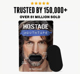 Product packaging of 'Hostage Mouthtape' with a man's face and text about trust and sales.