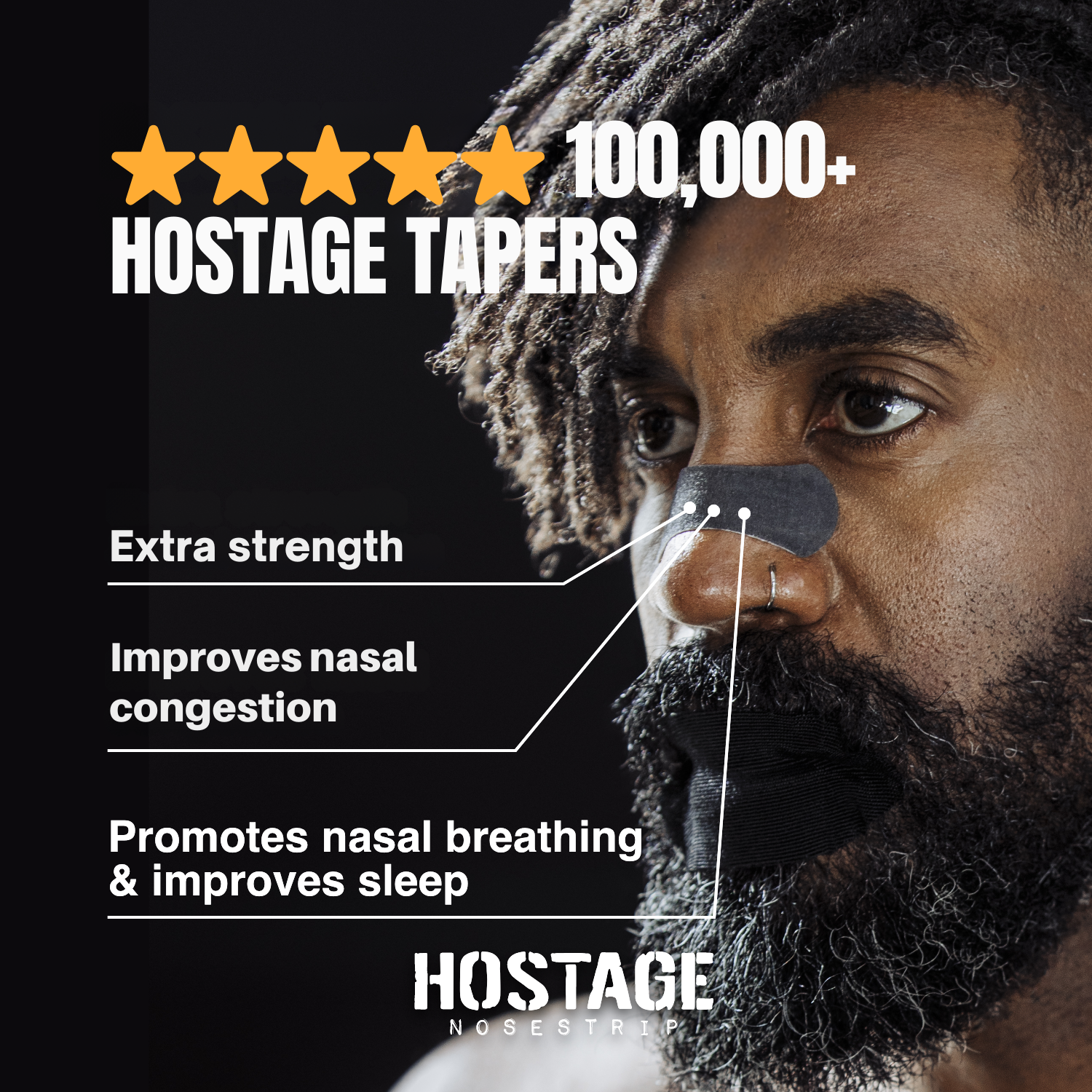 hostage tape image of middle aged bearded man wearing mouth tape and nose strips with the title of trusted by 100,000+ people and UFC showing extra strength improves nasal congestion and promotes nasal breathing for life changing sleep
