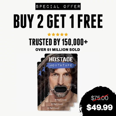 Promotional graphic for Hostage Mouthtape with a man wearing it, showing a special offer and customer trust.