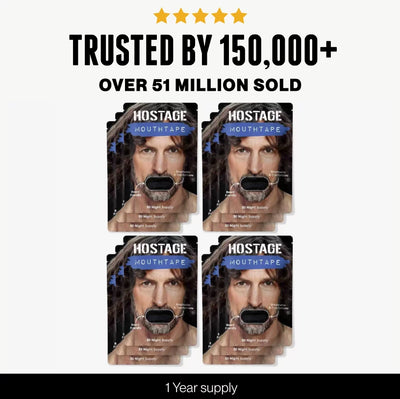 Twelve packages of Hostage Mouth Tape with a man's face on the packaging, displayed against a white background.