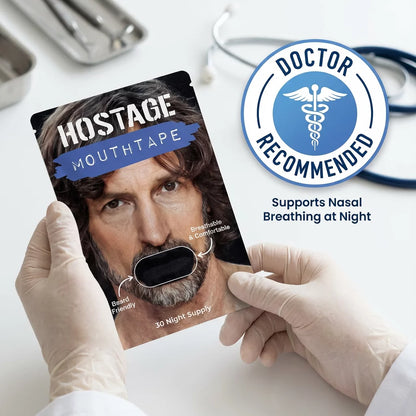 Mouth tape packaging with a doctor's recommendation label on a white background