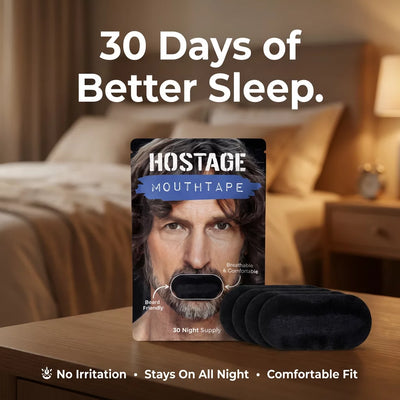 Product packaging of 'HOSTAGE MOUTHTAPE' with a bedroom setting in the background.