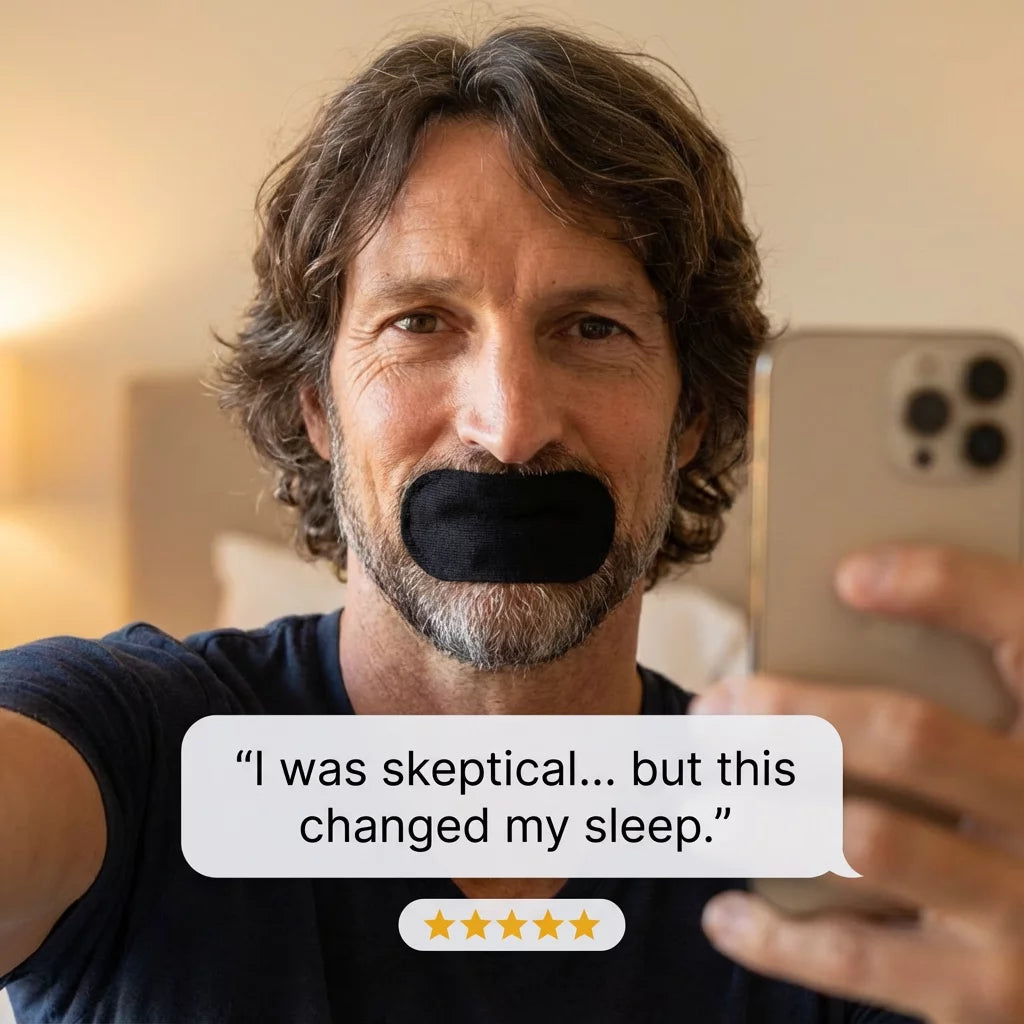 Man with Hostage tape over his mouth holding a phone, with text overlay about skepticism and sleep improvement.