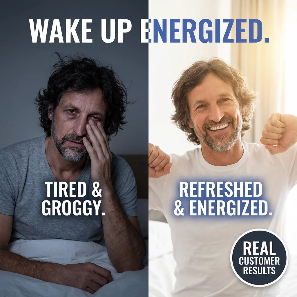 Before and after comparison of a man's energy levels with text 'Wake Up Energized' and 'Real Customer Results'.