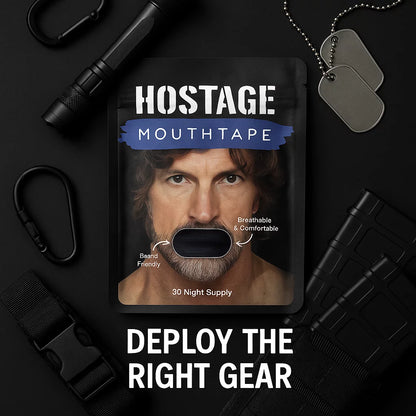 Hostage Tape mouth tape packaging surrounded by tactical gear with message deploy the right gear