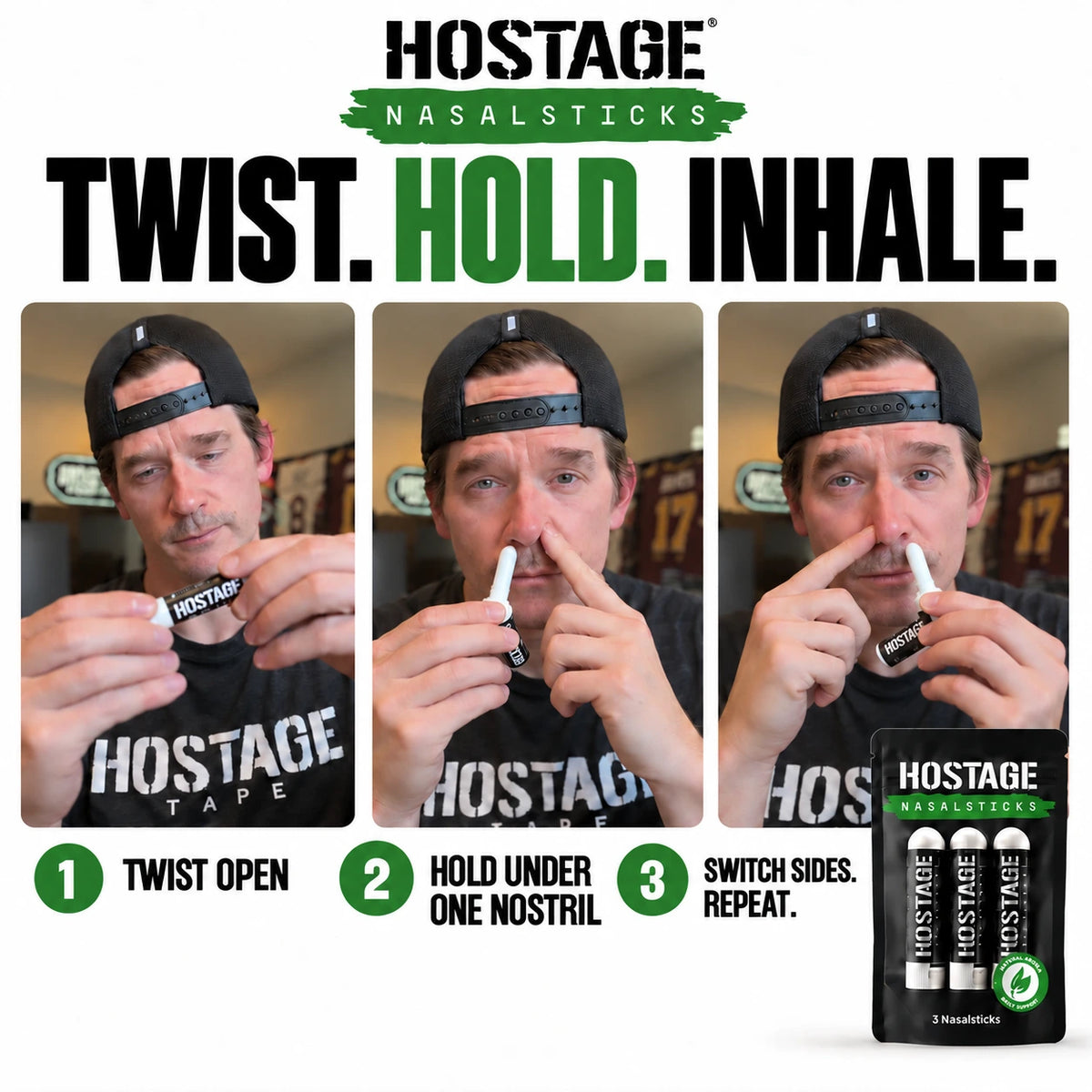 Hostage Nasal Sticks product graphic with the slogan 'TWIST. HOLD.
