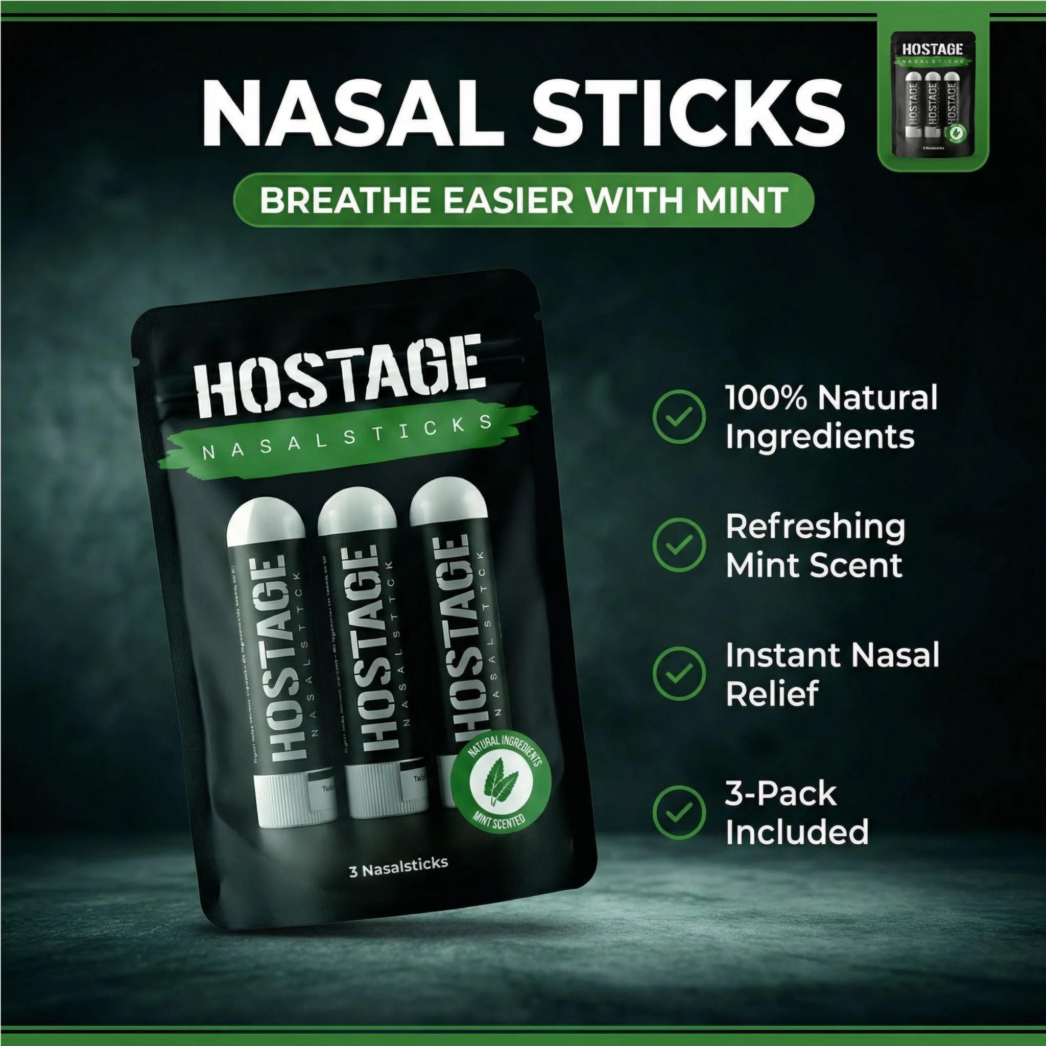 Hostage Nasal Sticks packaging with product details on a dark background