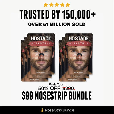 Hostage Tape Nose Strips packages with promotional text on a white background