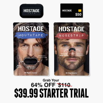 Two packages of 'Hostage' products and accessories with a promotional offer on a white background.