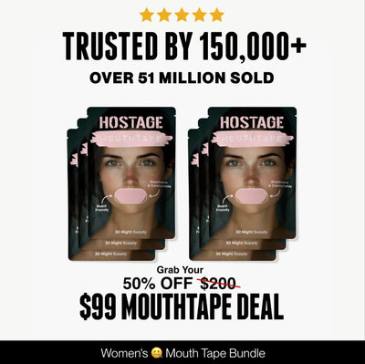 Promotional image of Hostage Mouth Tape with discount offer on a white background