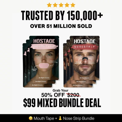 Promotional image of Hostage Mouth Tape and Nose Strip with discount offer on a white background