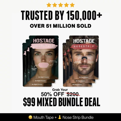 Promotional image of Hostage Mouth Tape and Nose Strip with discount offer on a white background