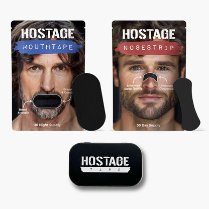 Beard-friendly Hostage Tape mouth and nose strip bundle with storage tin