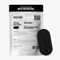 Back of Hostage Mouth Tape 30-day supply showing black breathable strip, instructions, and cautions
