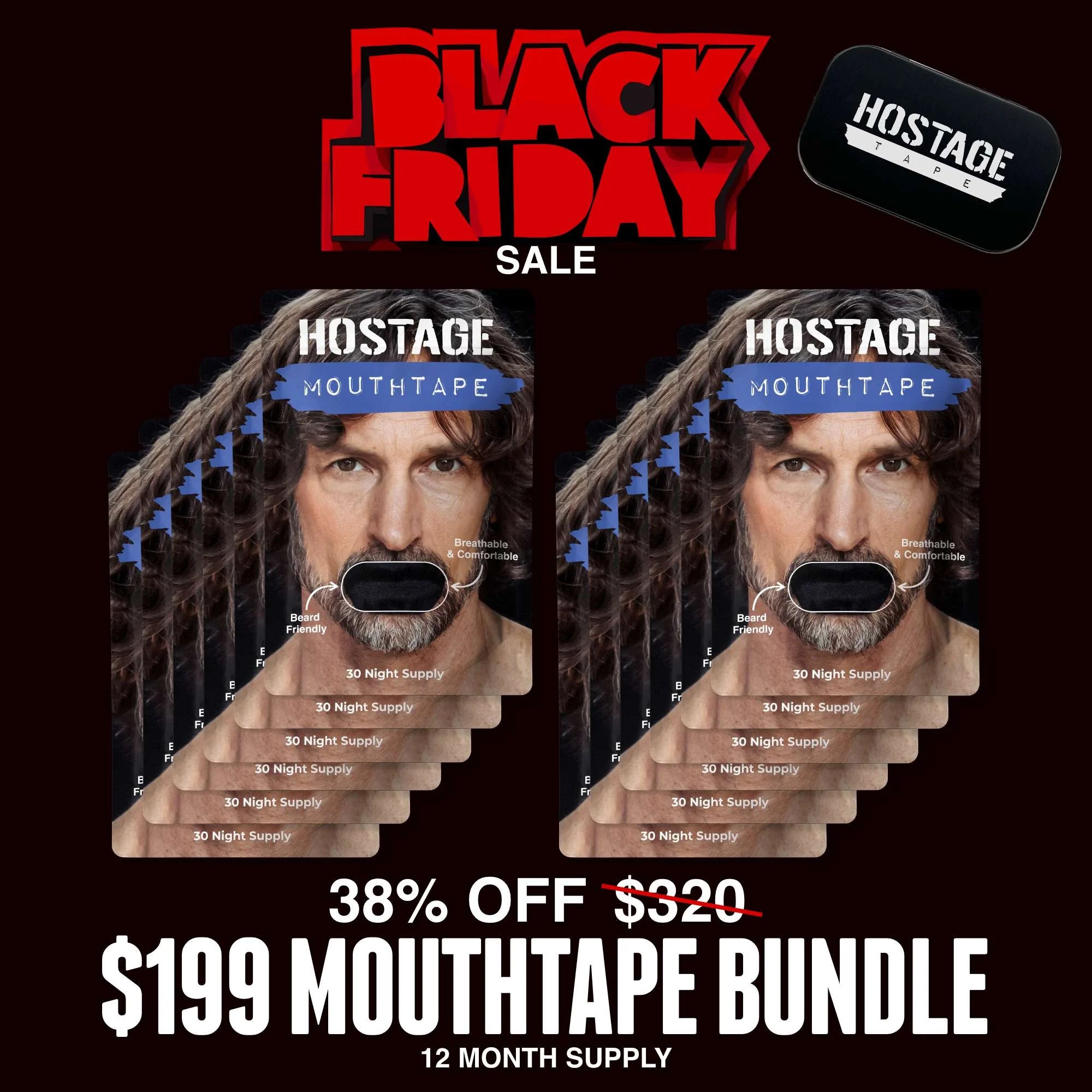 Hostage Tape 12-month mouth tape bundle for snoring relief, better breathing, and improved sleep