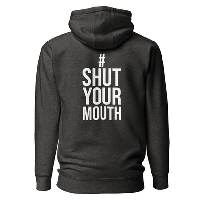 Back of charcoal Hostage Tape hoodie with bold "Shut Your Mouth" text, stylish streetwear