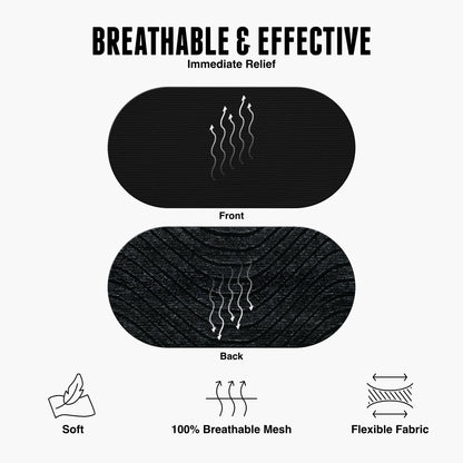 Diagram of Hostage Tape showing breathable fabric, hypoallergenic, beard-friendly, and comfortable
