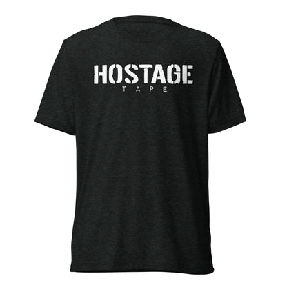Black unisex t-shirt with white Hostage Tape logo on front, soft and comfortable tri-blend fabric