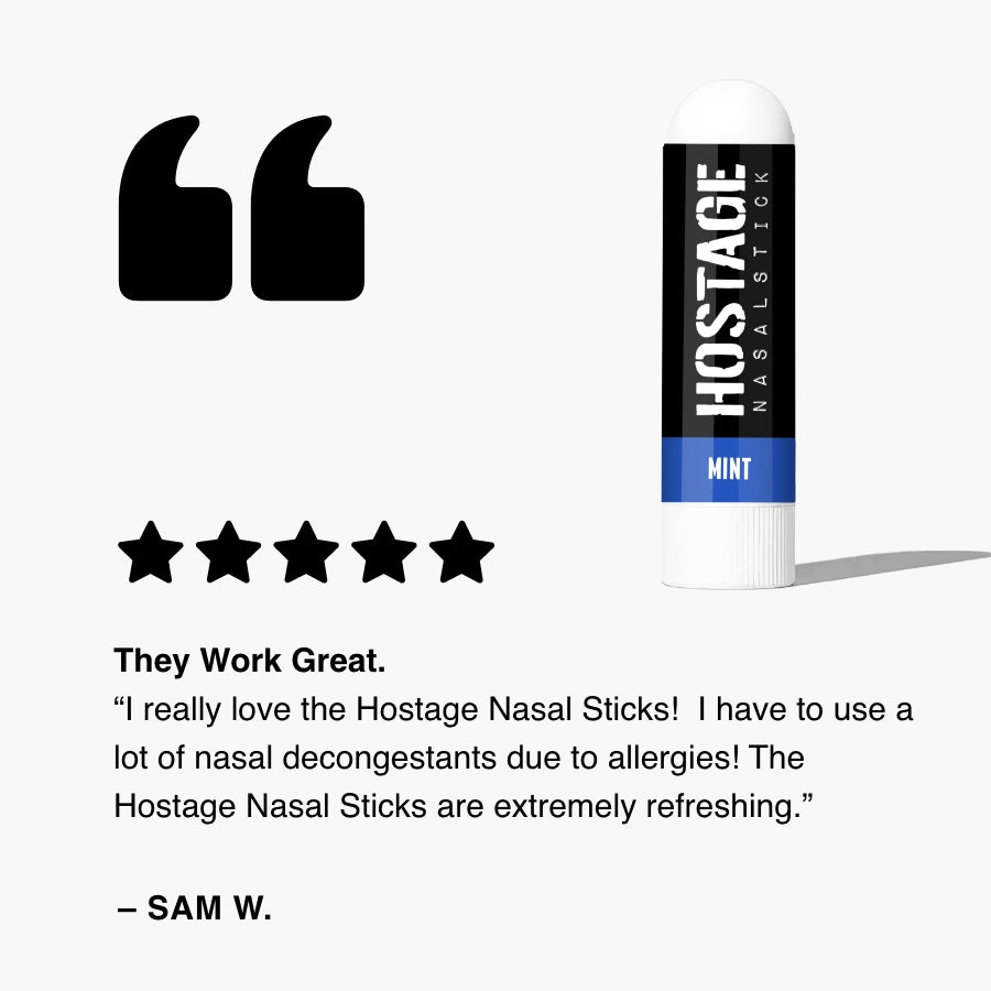Hostage Tape mint nasal stick with five star customer review for refreshing nasal relief