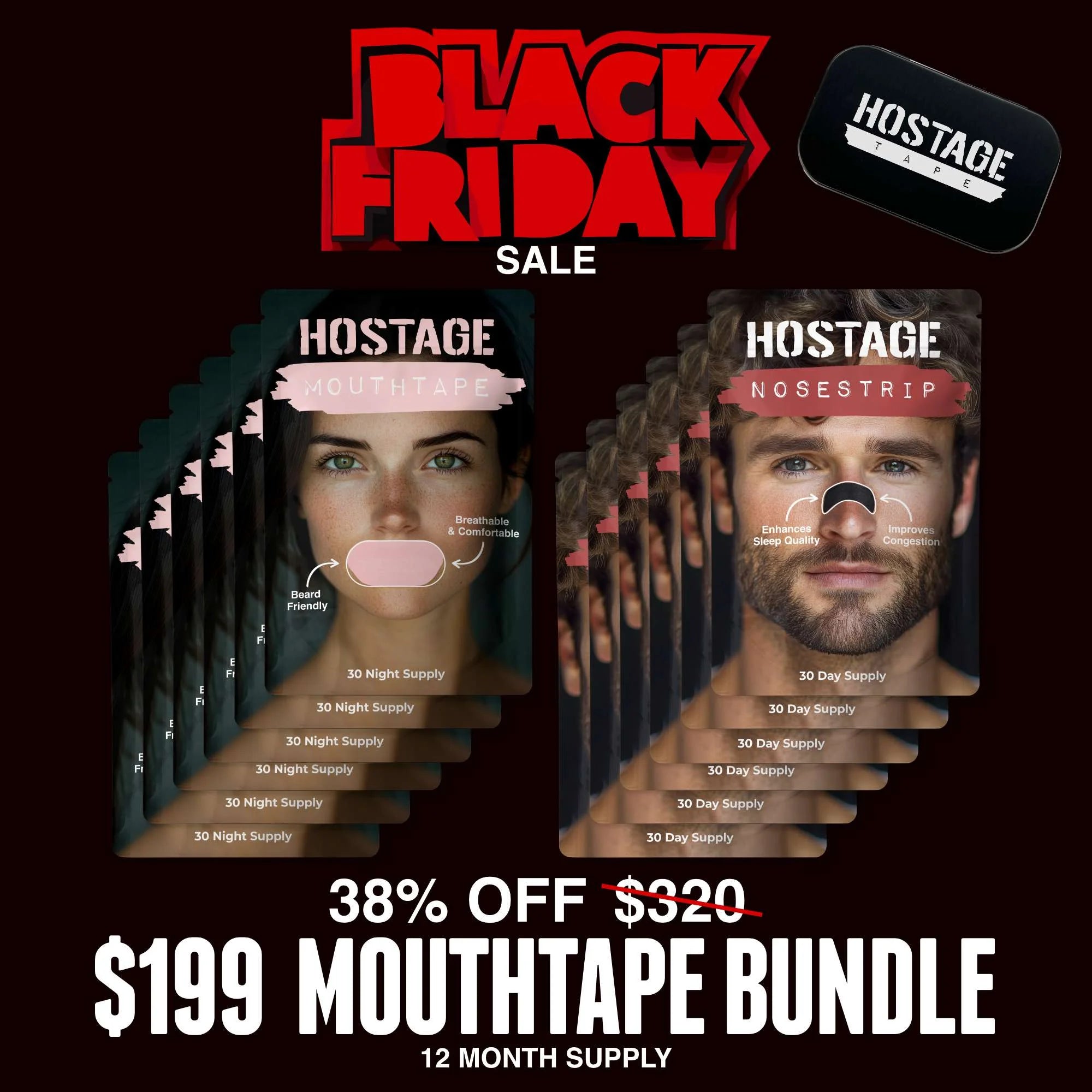 Hostage Tape women’s 6-month pink mouth tape and nose strips bundle for better breathing and rest