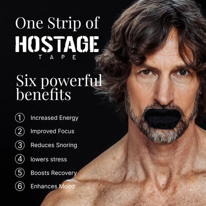 Man wearing Hostage Mouth Tape showing sleep benefits: energy, focus, mood, recovery, stop snoring