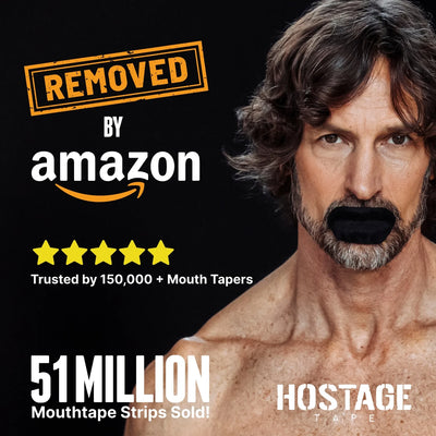Middle-aged men wearing Hostage Mouth Tape, banner showing 51M+ units sold and Amazon removal notice