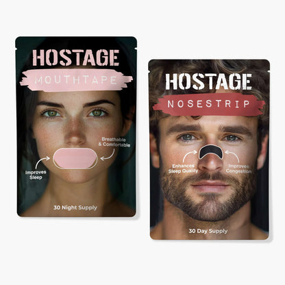 One pink Hostage Mouth Tape and one Nose Strip for better sleep, snoring reduction, and nasal breathing