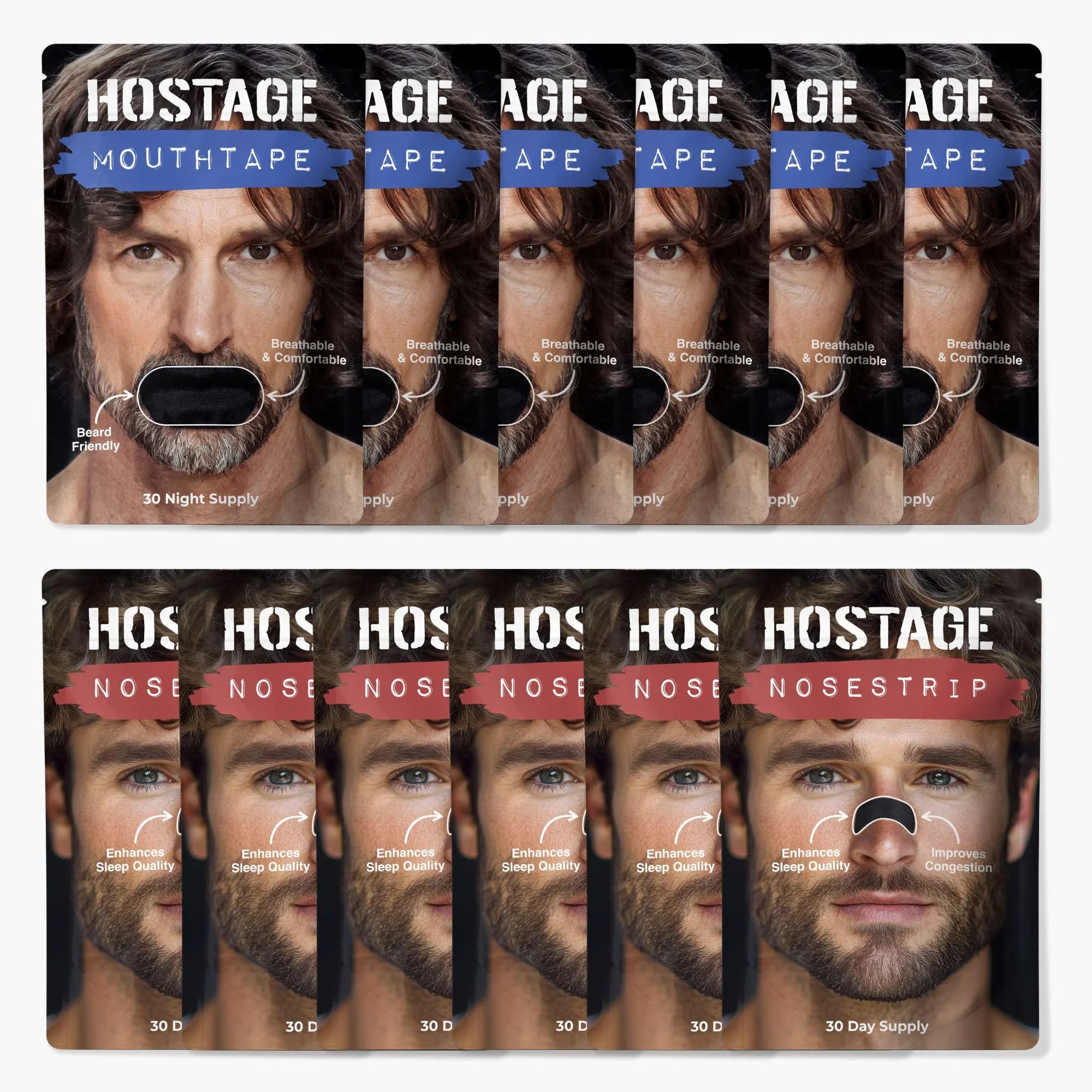 Six black Hostage Mouth Tape and nose strips for better sleep, reduced snoring, improved breathing