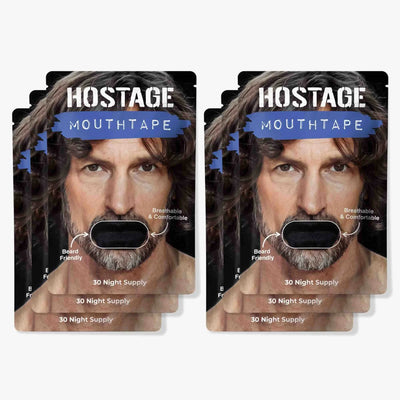 six packages of 'Hostage Mouthtape' Black with a man's face on the packaging.