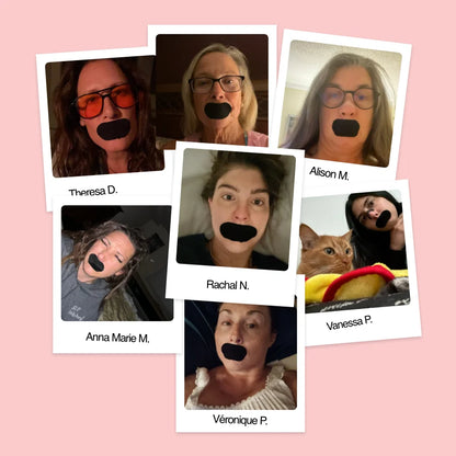 Collage of six women wearing pink Hostage Mouth Tape for better sleep and reduced snoring