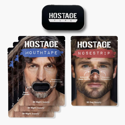 Three black Hostage Mouth Tape pouches with nose strips and bedside tin