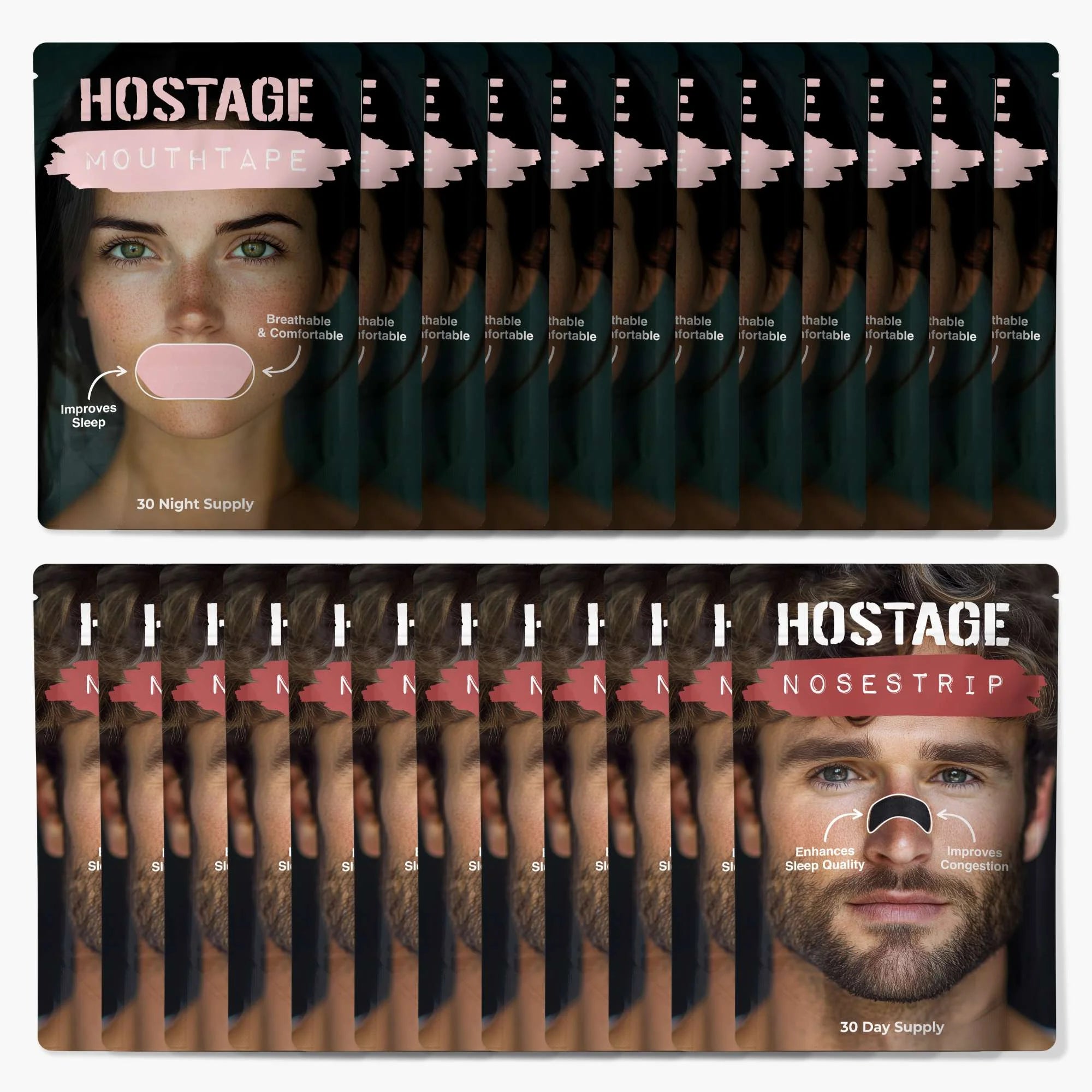 Year supply of pink Hostage Mouth Tape and nose strips for better sleep and nasal breathing
