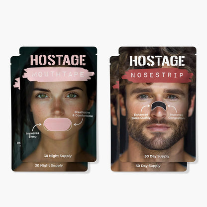 Two pink Hostage Mouth Tape and one Nose Strip to stop mouth breathing and reduce snoring