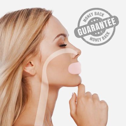 Side profile of woman wearing pink Hostage Mouth Tape with Money Back Guarantee badge