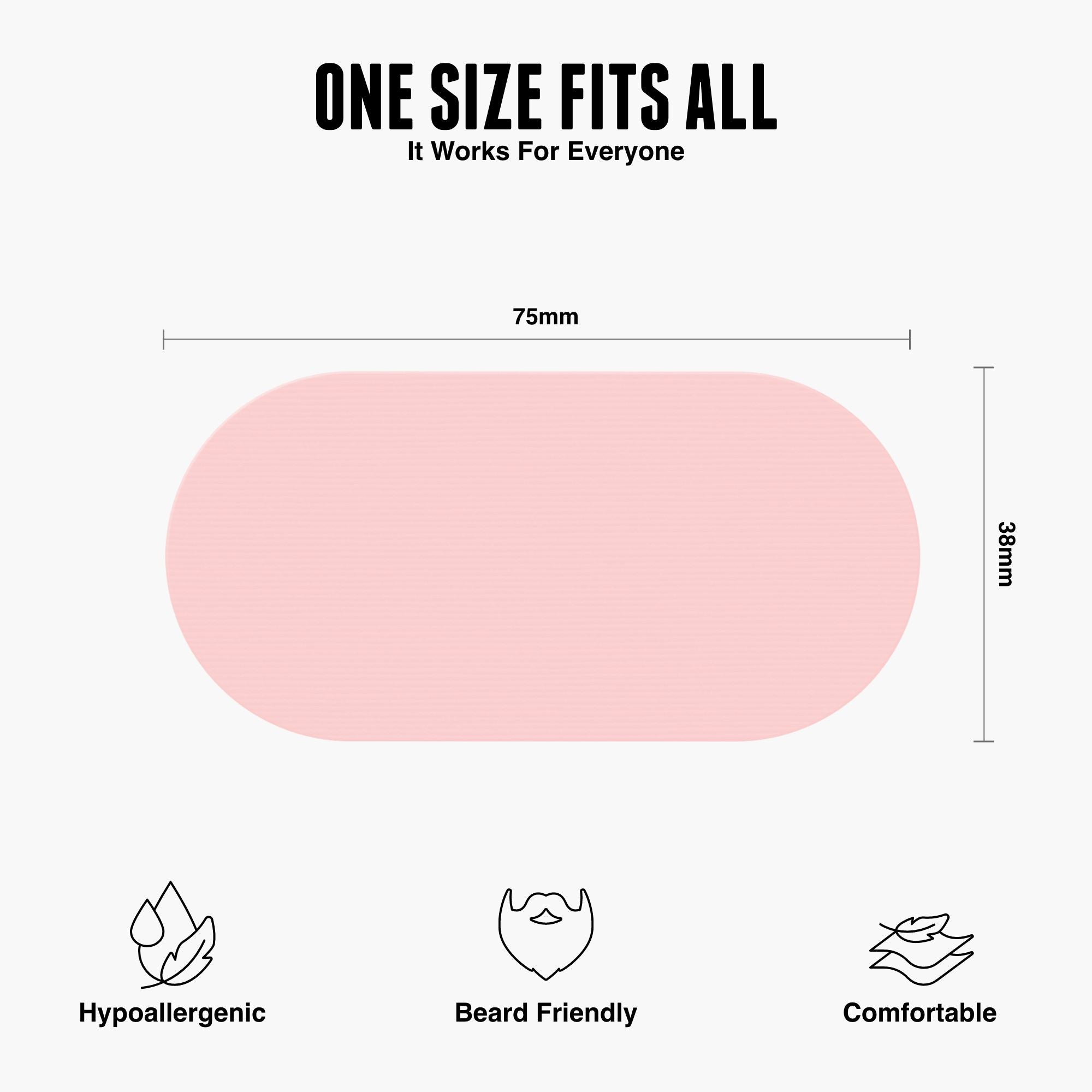 Women Hostage Tape mouth tape product dimensions chart showing 75mm length and 38mm width. Labeled as hypoallergenic, beard friendly, and comfortable. Text reads "One size fits all – it works for everyone" above an image of the black mouth tape strip.
