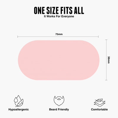 Women Hostage Tape mouth tape product dimensions chart showing 75mm length and 38mm width. Labeled as hypoallergenic, beard friendly, and comfortable. Text reads "One size fits all – it works for everyone" above an image of the black mouth tape strip.