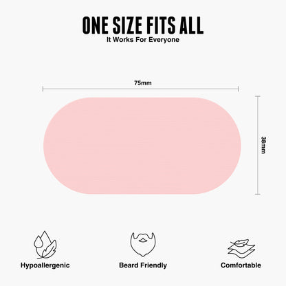 Women Hostage Tape mouth tape product dimensions chart showing 75mm length and 38mm width. Labeled as hypoallergenic, beard friendly, and comfortable. Text reads "One size fits all – it works for everyone" above an image of the black mouth tape strip.