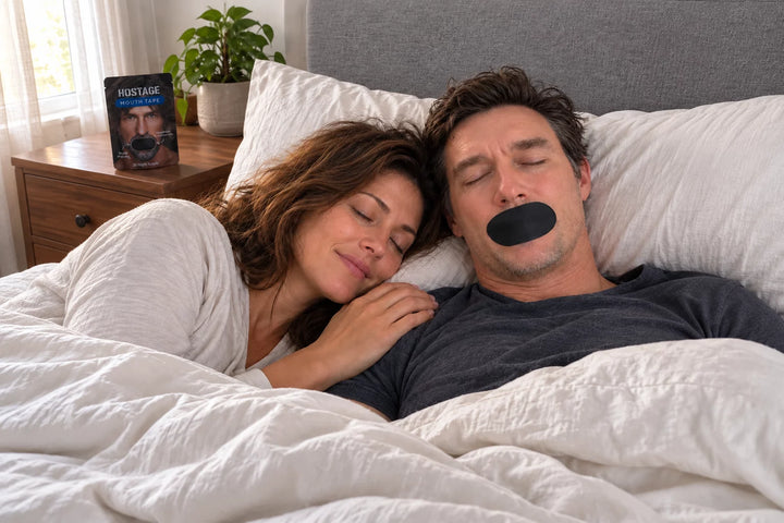 Illustrative image of a man wearing mouth tape beside his partner, not George or Logan
