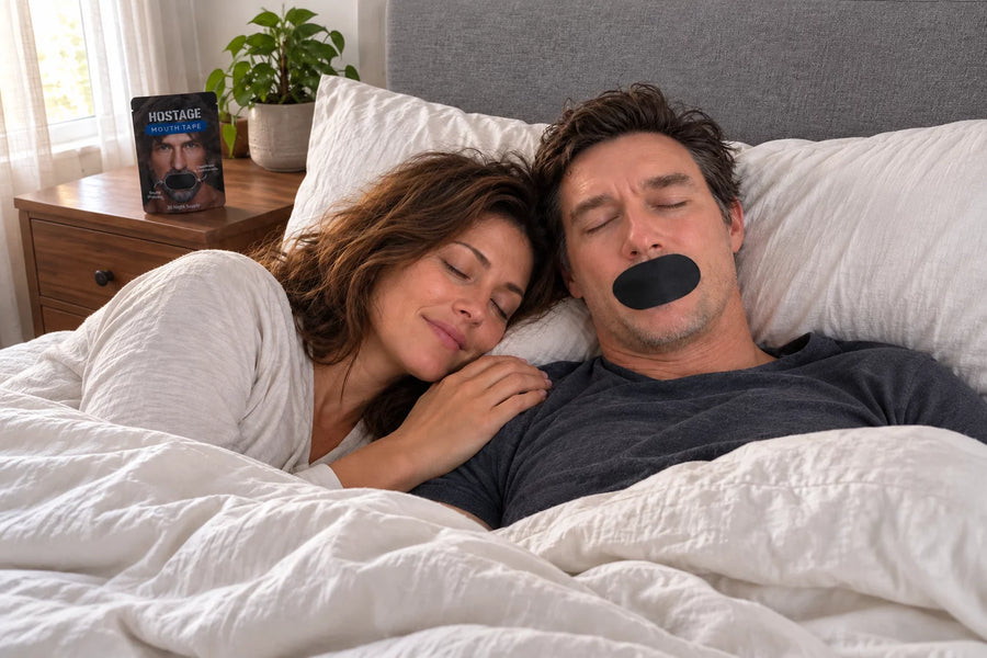 A man wearing mouth tape resting in bed beside his partner